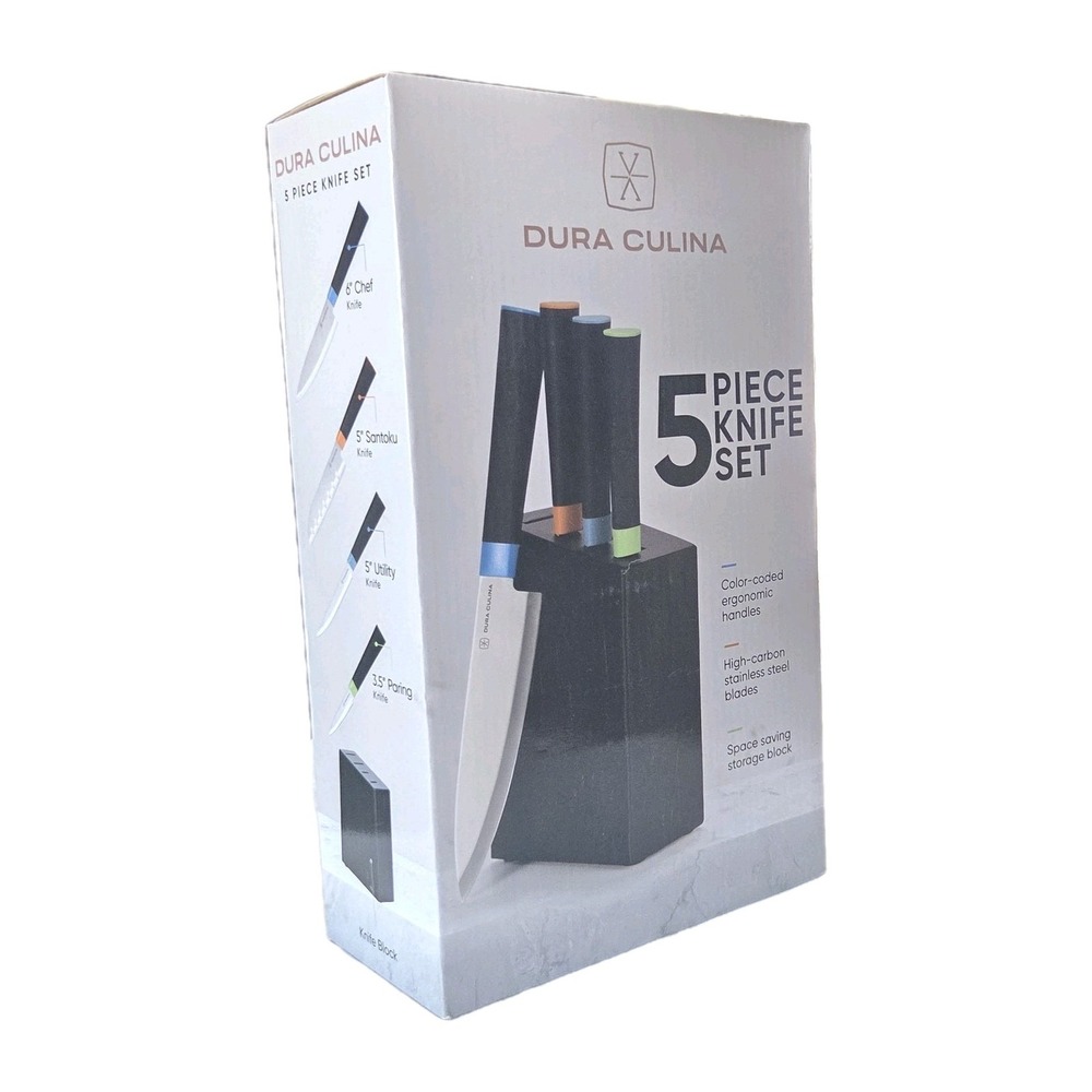 Dura Culina 5pc High Carbon Stainless Steel Kitchen Knife Set Storage Block‎ NEW